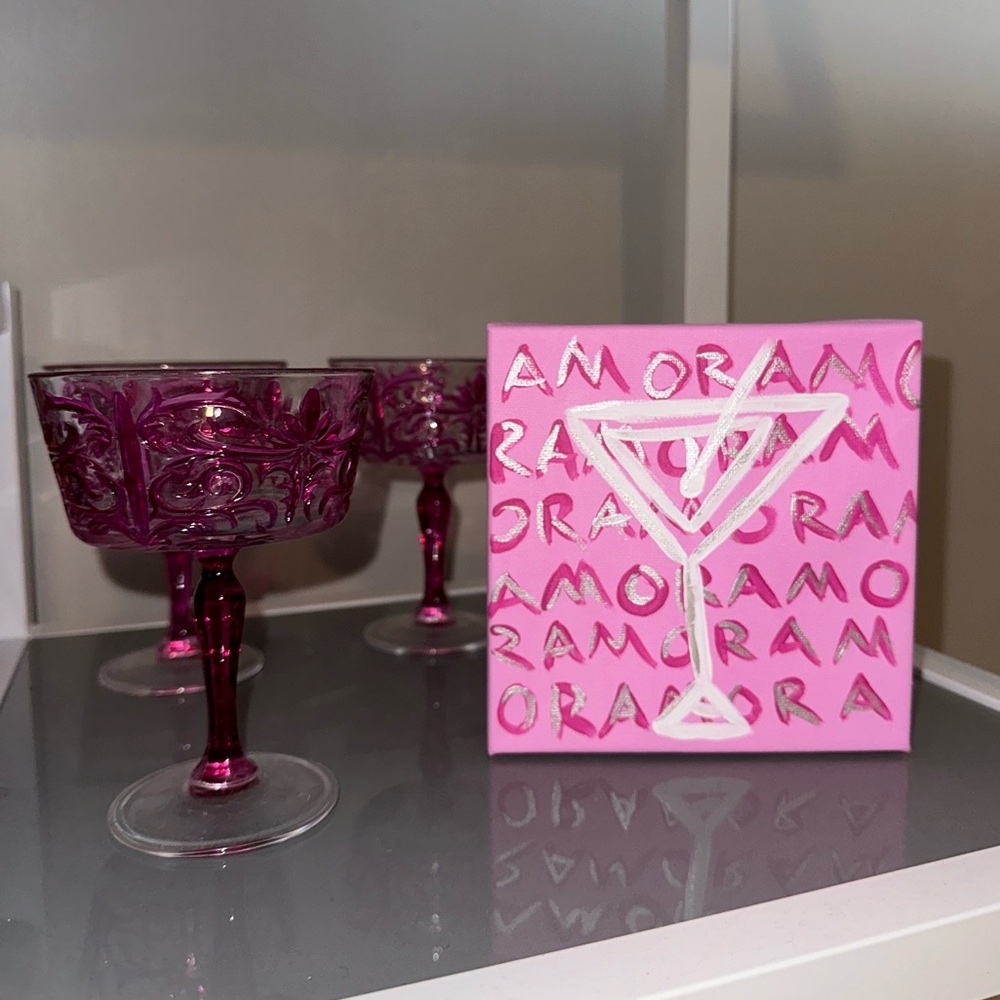 Hand painted canvas - martini glass - bar cart accessory - amor